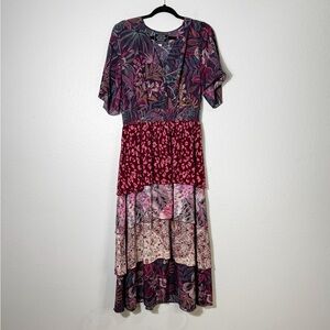 Johnny Was Silk Multicolor Floral Anima Print Midi Tiered V—Neck Dress